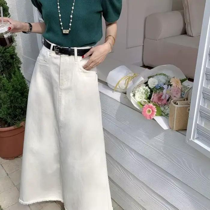 Blanc taille haute une ligne Denim jupe femmes minceur mode Midi moulante queue de poisson