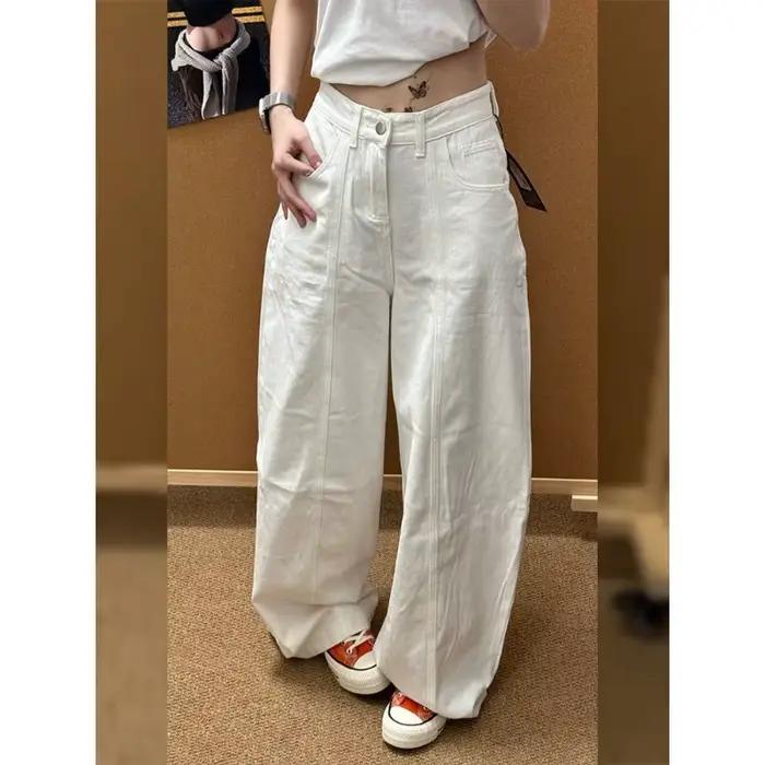 Jean blanc ample femme style streetwear pantalon baggy confortable printemps automne occaions décontractées