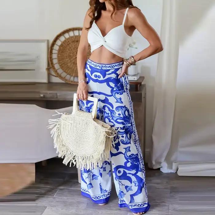 Pantalon Long imprimé de positionnement céladon élégant
