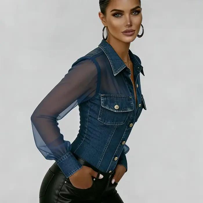 Chemisier en jean bleu transparent à manches longues pour femme