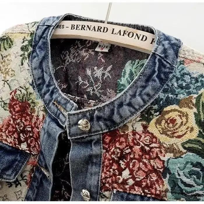 Veste en jean jacquard rétro chinoise à manches longues et col rond pour femme