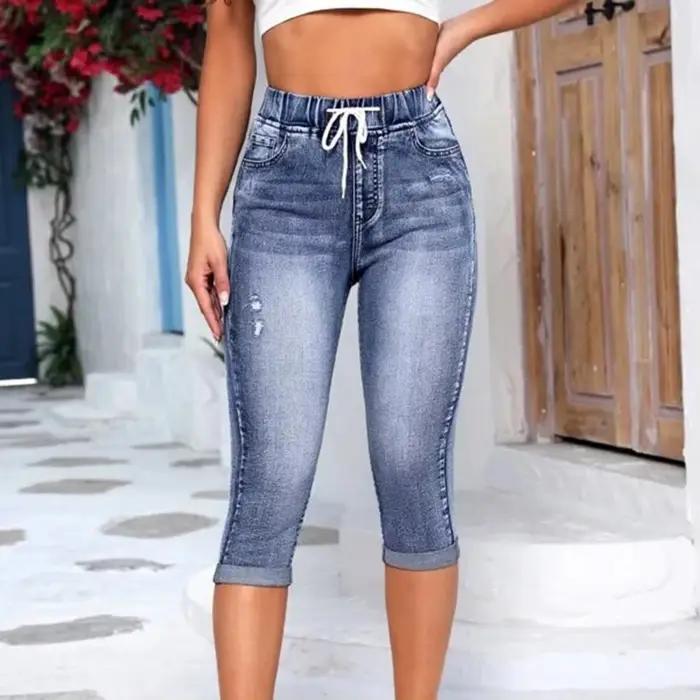 Jean taille haute pour femme, leggings vintage, élastique, taille haute, poches Wstring, pantalon en denim, longueur mollet, coupe slim, 2024
