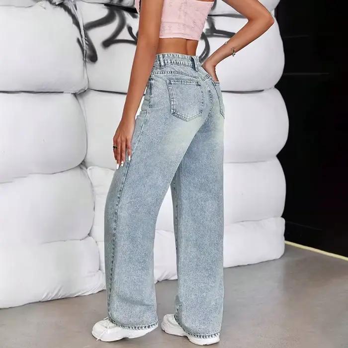 Jean à jambes droites pour femmes, rétro coréen, taille haute, décontracté, jambes larges, de styliste, rose, Style fille chaude