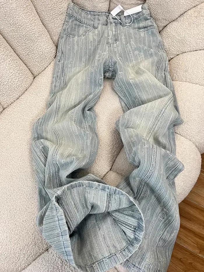 Jacquard ample femmes jean surdimensionné automne taille haute mode Flare Denim pantalon décontracté Simple Chic plissé