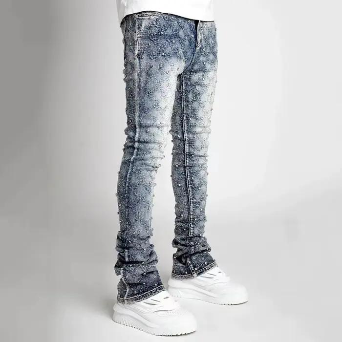 Jean Slim Homme Avec Perles Extensibles Nouvelle Mode Strass Personnalité De Rue Européenne Pantalon En Denim Empilé Taille S À XXL Occasions Spéciales