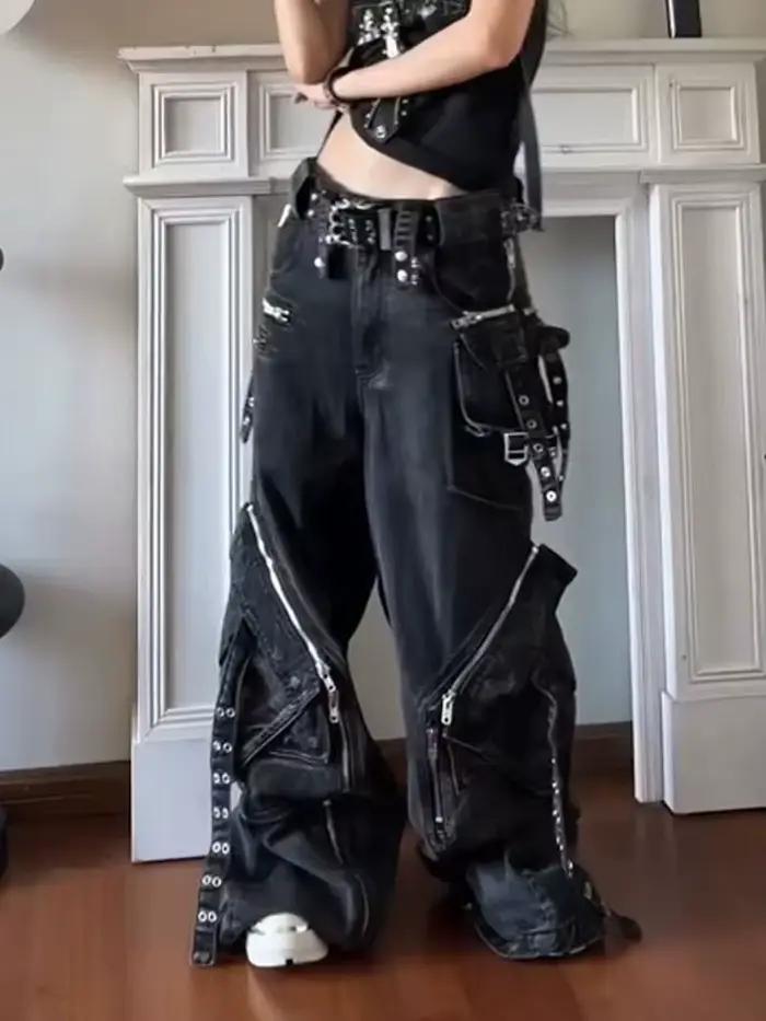 Jean noir gothique Punk multi-poches avec fermeture éclair pour hommes et femmes