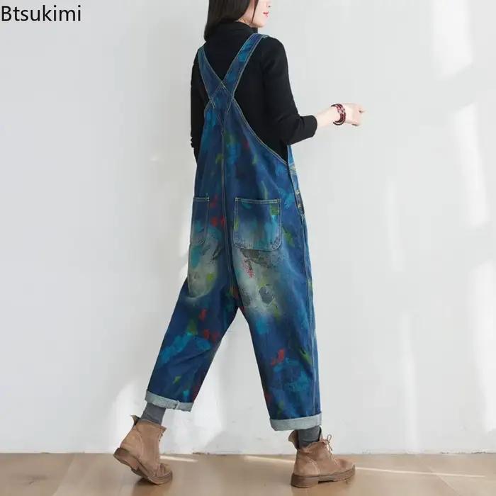 Salopette en jean délavé vintage pour femme, mode d'automne décontracté, style coréen, pantalon ample, streetwear, occasion quotidienne et festive