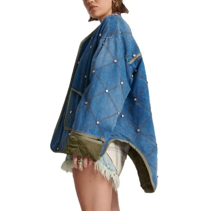 Veste matelassée diamant en polyester pour femmes, style streetwear, automne hiver, doublure en coton, col en V, fermeture boutonnée, bleu, junior
