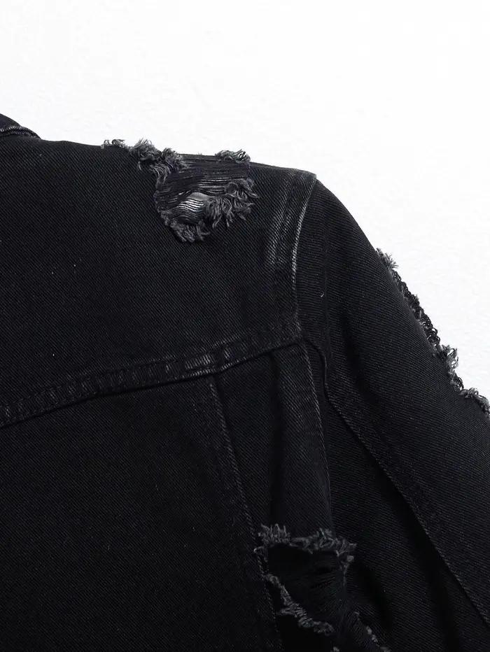 Veste en denim noire pour hommes, veste régulière, mode de rue avec déchirures, adaptée aux sorties 03 et décontractées