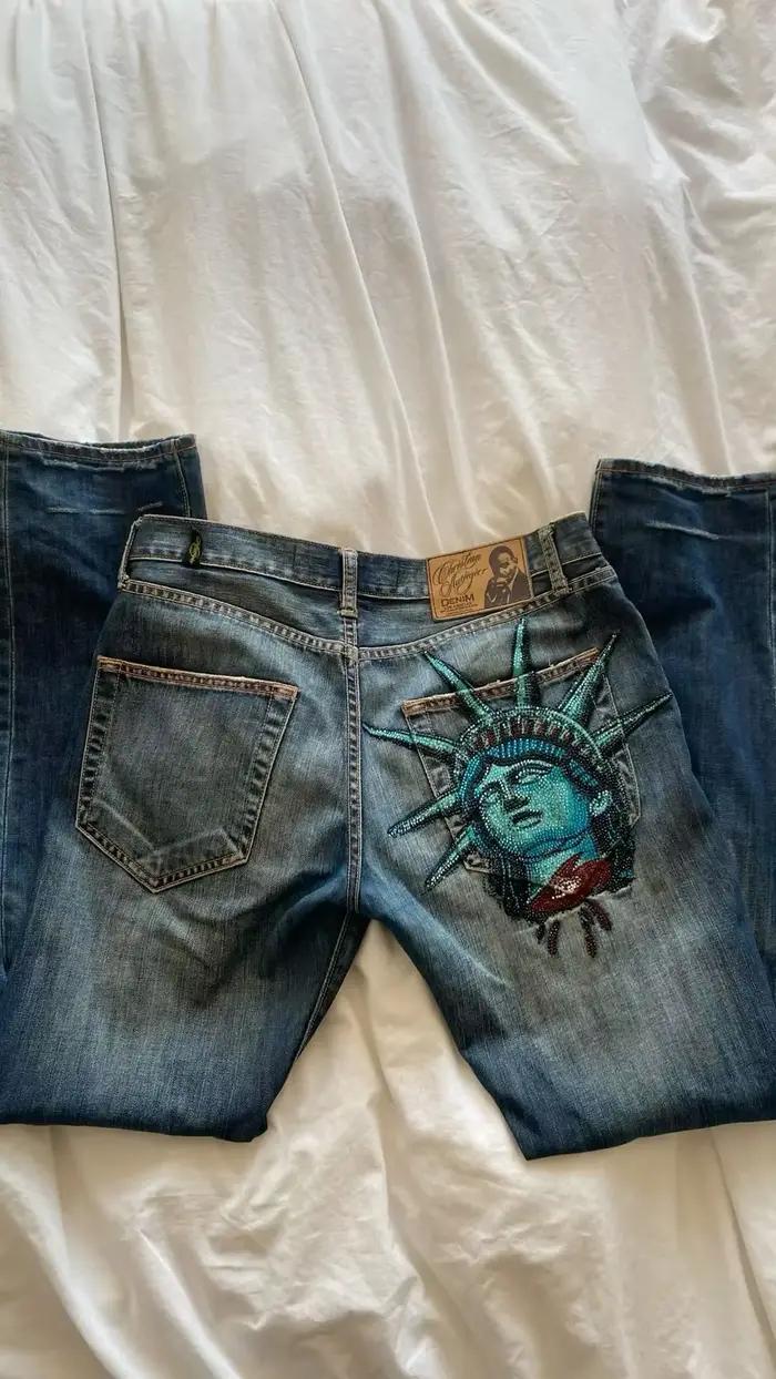 Vintage Liberty brillant strass jean décontracté Denim pantalon taille basse droite jambe large