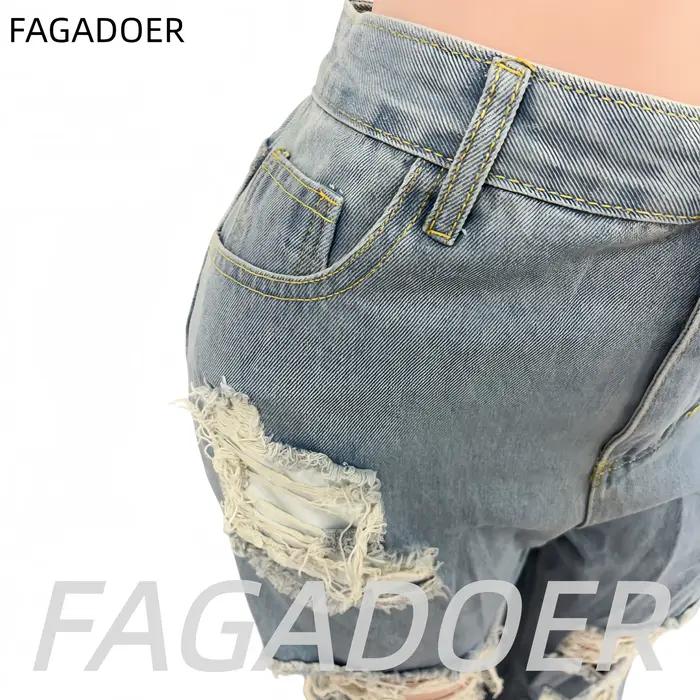 FAGADOER mode trou droit jean pantalon femmes taille haute bouton poche ample Denim pantalon bleu décontracté femme Cowboy bas