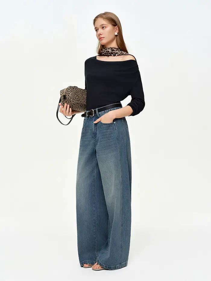 DUSHU 2026 printemps exclusif rétro taille haute jean bleu lavé coton ligne incurvée BF Baggy pantalon droit