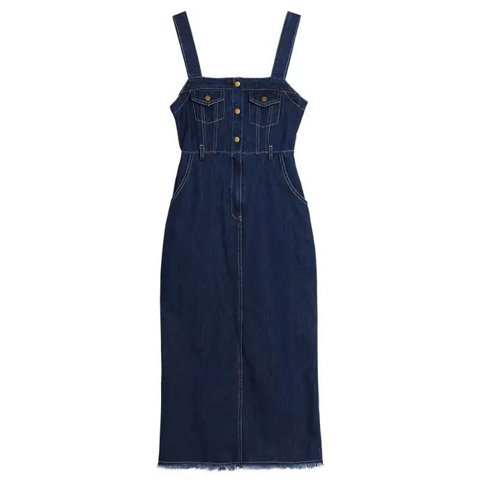 Robes Salopettes en Jean OLrain pour Femme 2026 – Robe Longue Vintage Sans Manches à Col Carré en Coton pour Dames O23QL80258