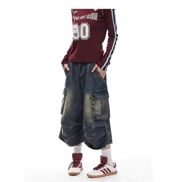 Jeans en denim délavé style rétro américain pour hommes et femmes