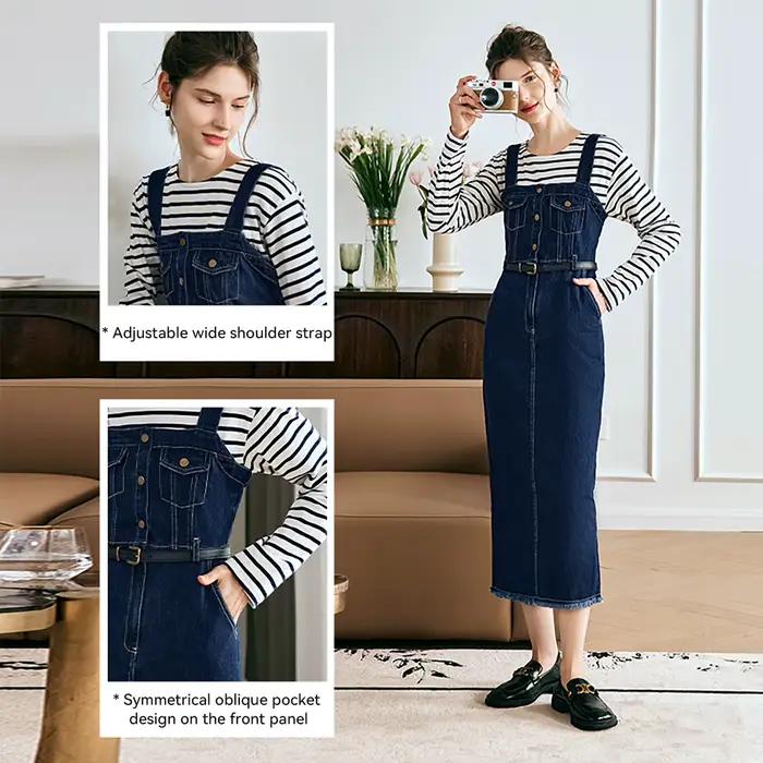 Robes Salopettes en Jean OLrain pour Femme 2026 – Robe Longue Vintage Sans Manches à Col Carré en Coton pour Dames O23QL80258