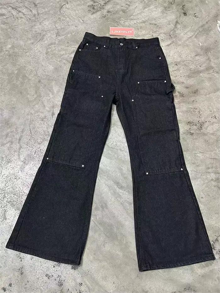 Jean droit noir épissage pour hommes, pantalon de printemps, style de rue, hip-hop, bas cool pour garçons, taille haute, jean américain rétro, composition polyester coton, fermeture bouton volant