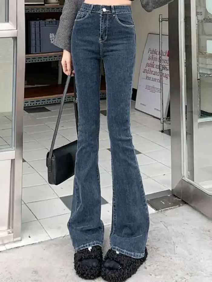 Femmes coréennes Flare jean filles taille haute élastique botte coupe pantalon dame Vintage bleu noir gris marron Denim