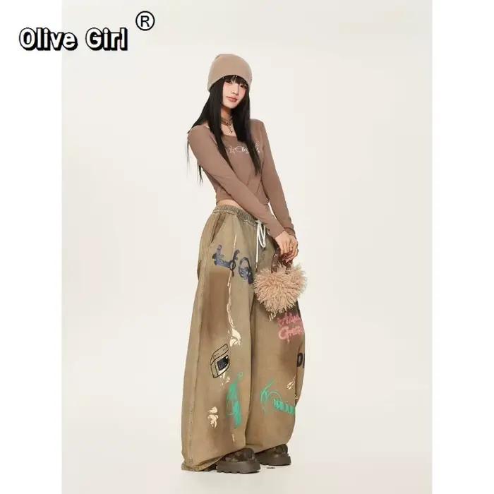 Olivegirl Hiphop Denim jean américain rétro haute rue danse pantalon Graffiti Vintage
