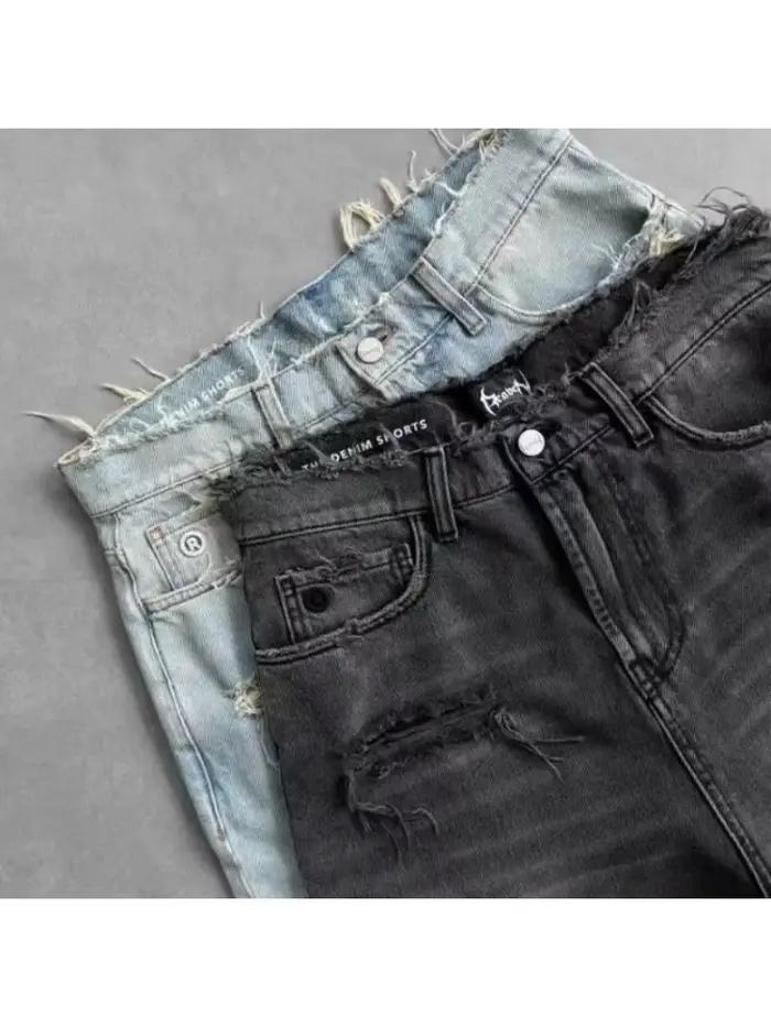 HOUZHOU jean court déchiré délavé femmes et homme trou broderie jambe large américain rétro Jorts Baggy décontracté Streetwear été