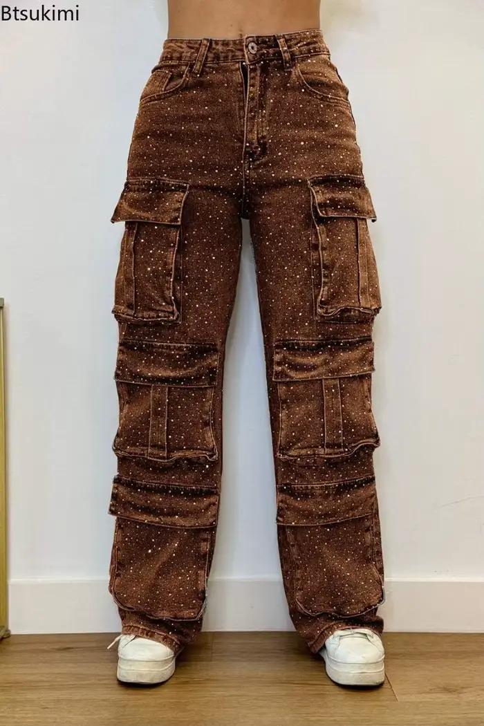 Pantalons cargo jeans taille haute pour femmes avec strass complet, streetwear chic, décontracté, pour toutes les saisons et occasions, jeans Btsukimi
