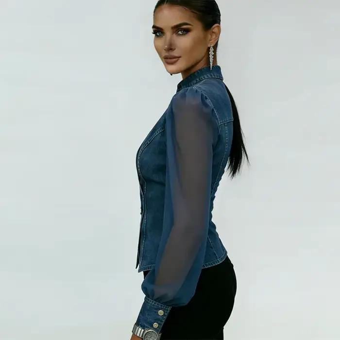 Chemisier en jean bleu transparent à manches longues pour femme