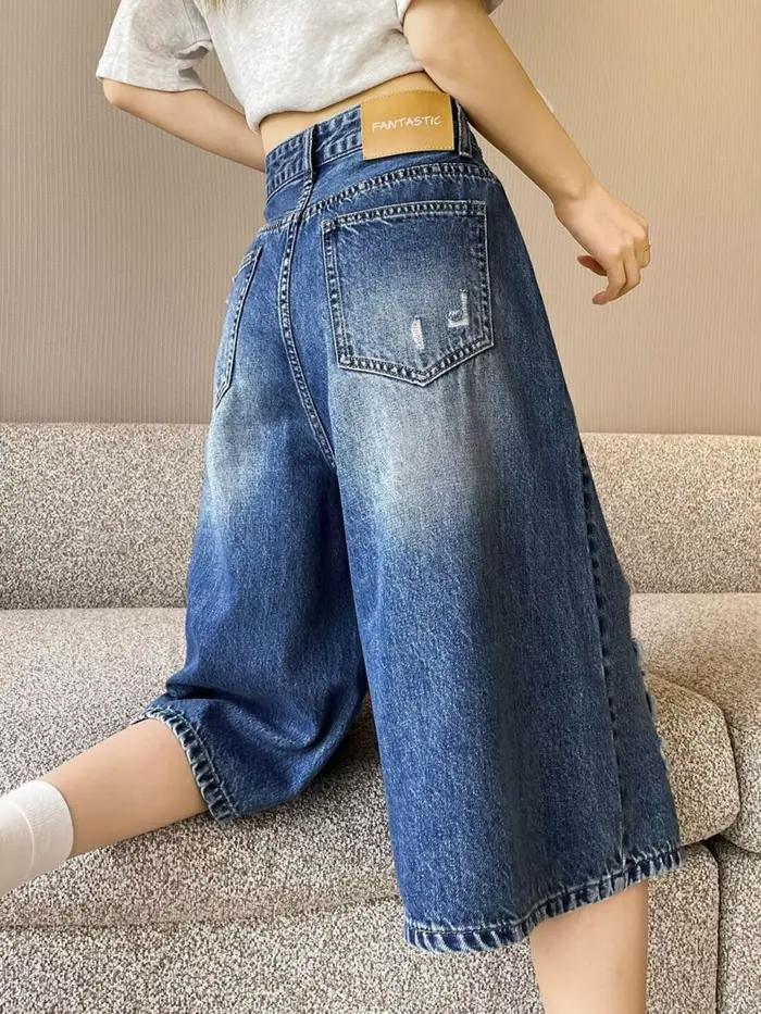 Jean Capri en Denim Déchiré Taille Haute pour Femme, Style Vintage Délavé, Coupe Ample Jambe Large, Jorts Y2K, Streetwear d'Été 2026, Pantalon Décontracté