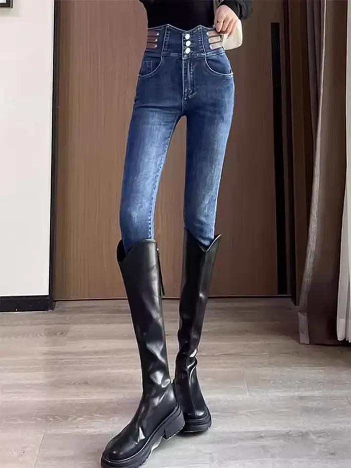 Pantalon en denim skinny taille haute WMWMNU pour femme, style vintage, décontracté, printemps été, coupe crayon, matériau adoucissant, entretien facile, idéal pour sorties amicales et visites de musée