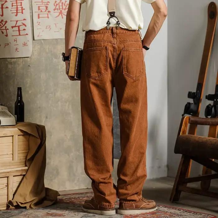 American Vintage Men's Jeans Make Old Loose Logging Cargo Pants Spring Autumn Splicing Design Straight Denim Trousers Male Retro