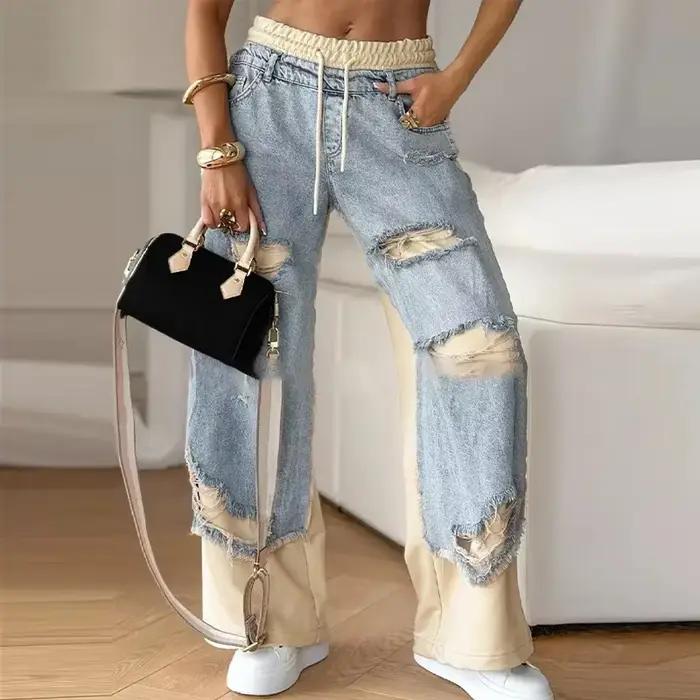 Pantalon en jean pour femme avec coutures et design déchiré trou patchwork taille élastique
