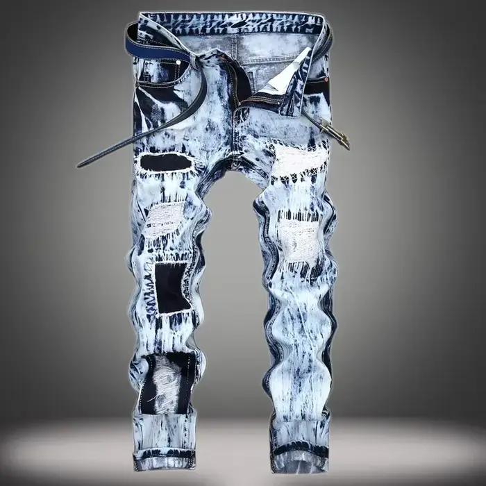 Jean déchiré en Patchwork brodé pour hommes (sans ceinture)