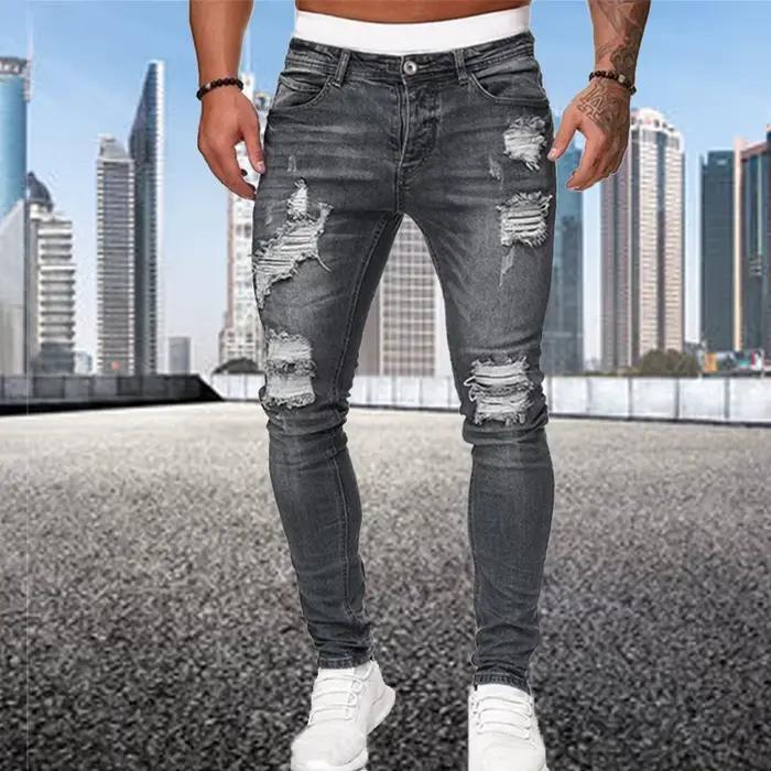 Jeans skinny déchirés de style de rue pour hommes, pantalons en denim déFlexvintage, surintendant en denim solide, pantalons décontractés slim fit, offre spéciale