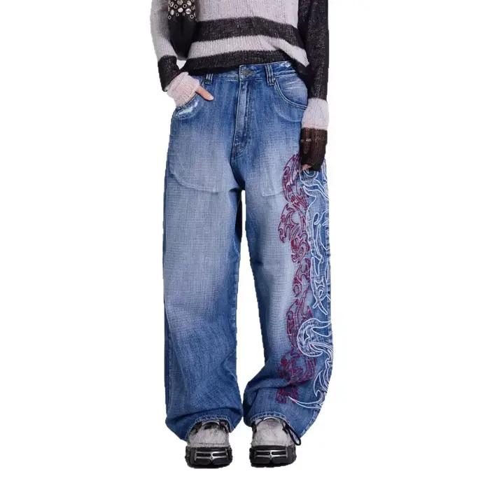Y2K broderie Design jean US EU Vintage délavé Streetwear pantalon à jambes larges coupe ample