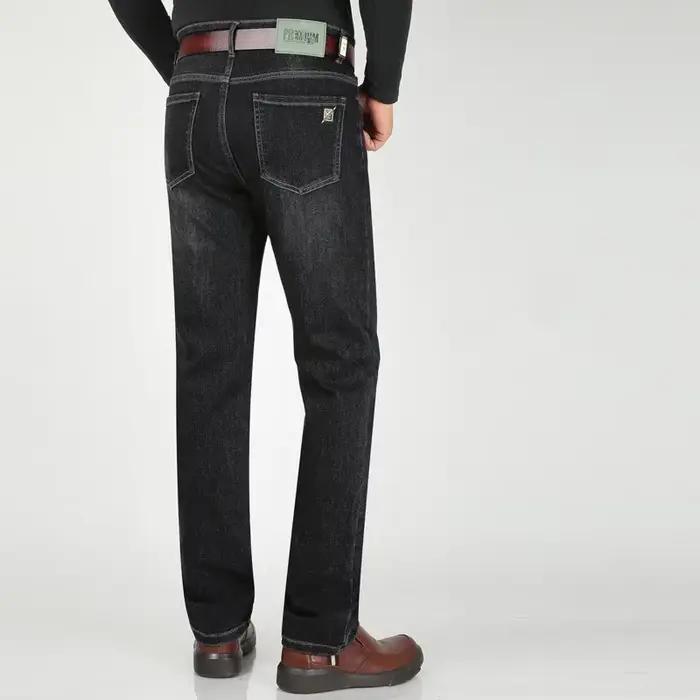 Jeans extensibles extra-long pour hommes, taille haute, grande taille, noir, style décontracté, automne et hiver, ajustement droit, toile robuste, broderie subtile, lavage enzymatique, durable, confortable, élégant