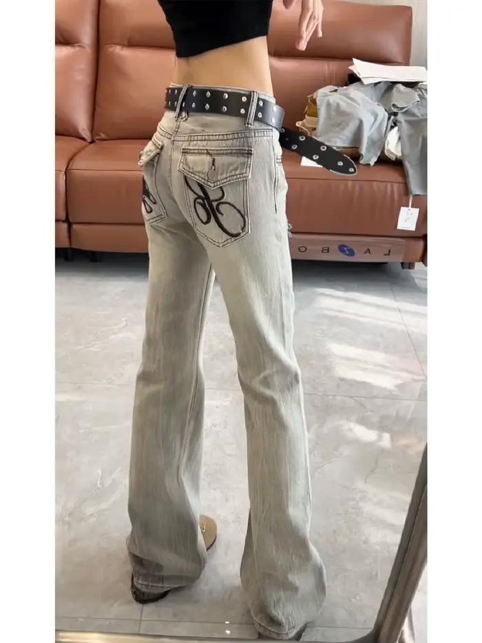 Pantalon évasé en denim gris vintage Harajuku avec broderies pour femmes style high street occasions printemps automne