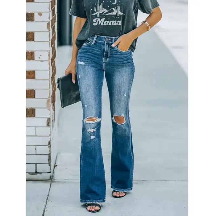 Femmes taille haute Denim jean rétro lavé déchiré trou Flare pantalon dames