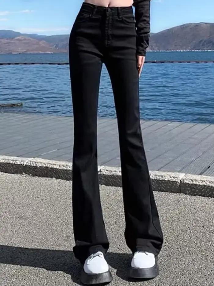 Femmes coréennes Flare jean filles taille haute élastique botte coupe pantalon dame Vintage bleu noir gris marron Denim