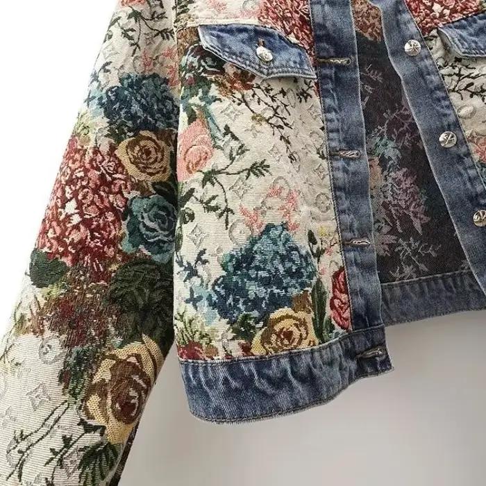 Veste en jean jacquard rétro chinoise à manches longues et col rond pour femme