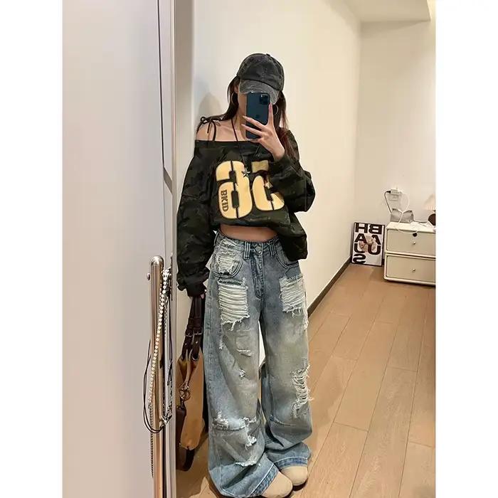 Pantalon en jean baggy déchiré style rétro américain pour femme haute street coupe ample matériau coton polyester pour occasions estivales et looks audacieux