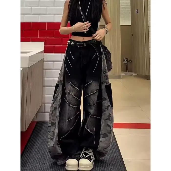 Jean noir femme Harajuku Y2k années 90 pantalon en Denim Baggy esthétique