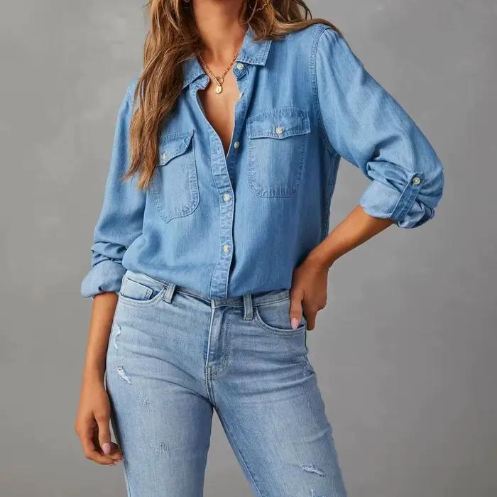 2025 nouvelle chemise en jean automne mode décontracté revers simple boutonnage femmes