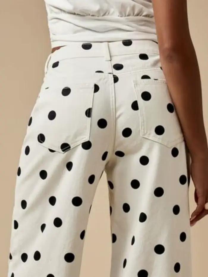 Pantalon en denim à jambes larges imprimé à pois rétro de style américain pour femmes
