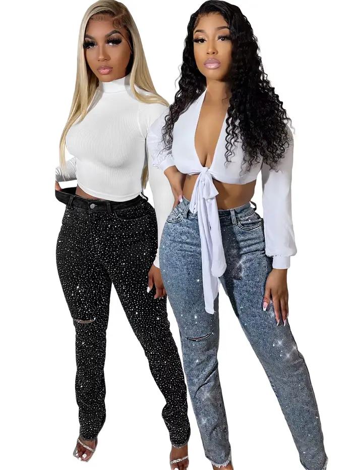Pantalon en jean brillant avec strass