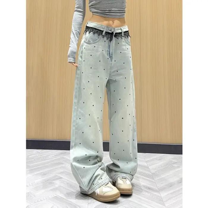 Pantalon amincissant taille haute en Denim brodé de dentelle bleue