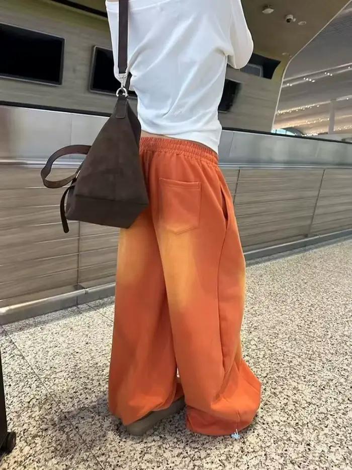 NUOMICI jean femme Orange taille mi basse lavé rétro jambe large sport ample Kpop hip-hop pantalon de rue mode