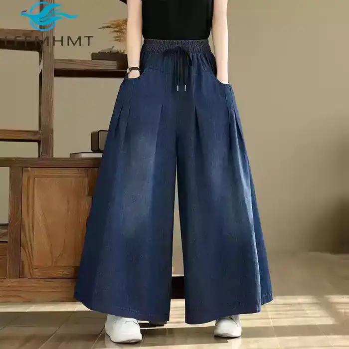 Jean bleu pour femmes avec jambes larges, taille élastique, matière coton-polyester, style décontracté, facile à assortir, pour toutes les saisons