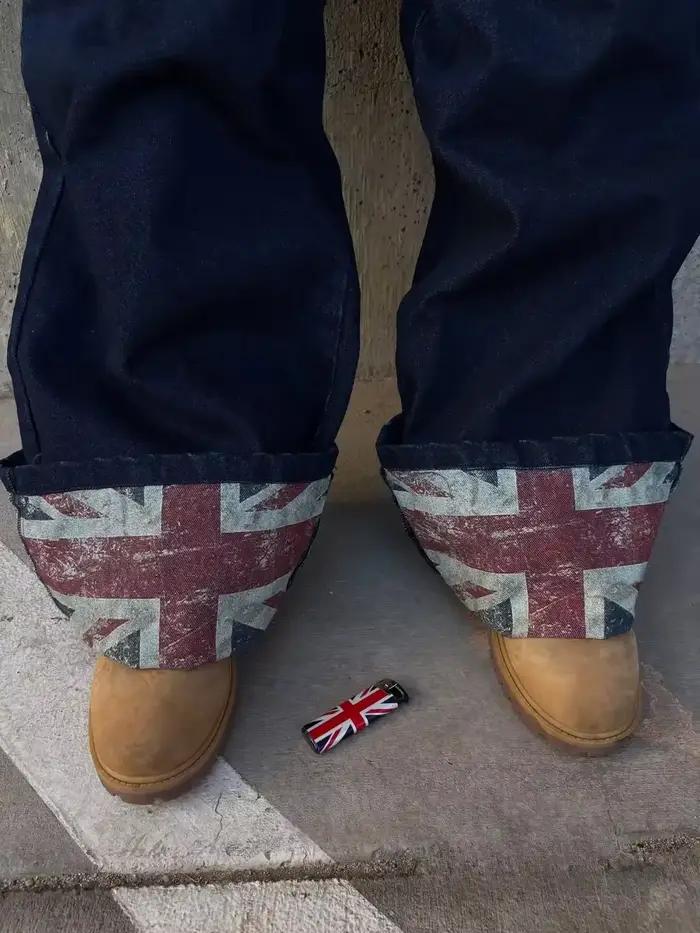 Drapeau britannique imprimé design rétro patchwork bord roulé jean pour hommes rue décontracté lavé ample jambe large