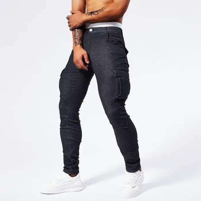 Slim Fit grande poche jean Cargo pantalon pour hommes à la mode décontracté Hip Hop Stretch Denim pantalons longs mâle