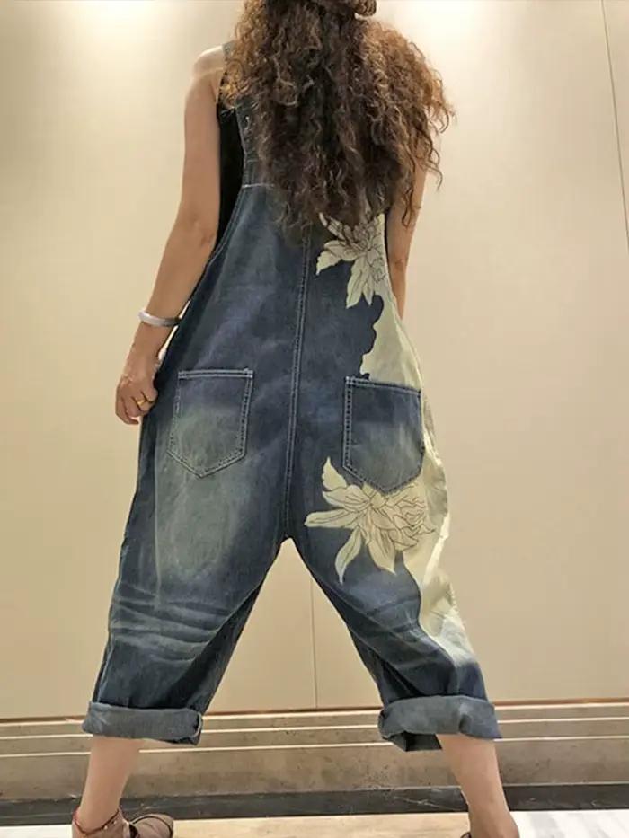 Femmes mode salopette dames été imprimé Denim Pantalons Vintage Jeans décontractés