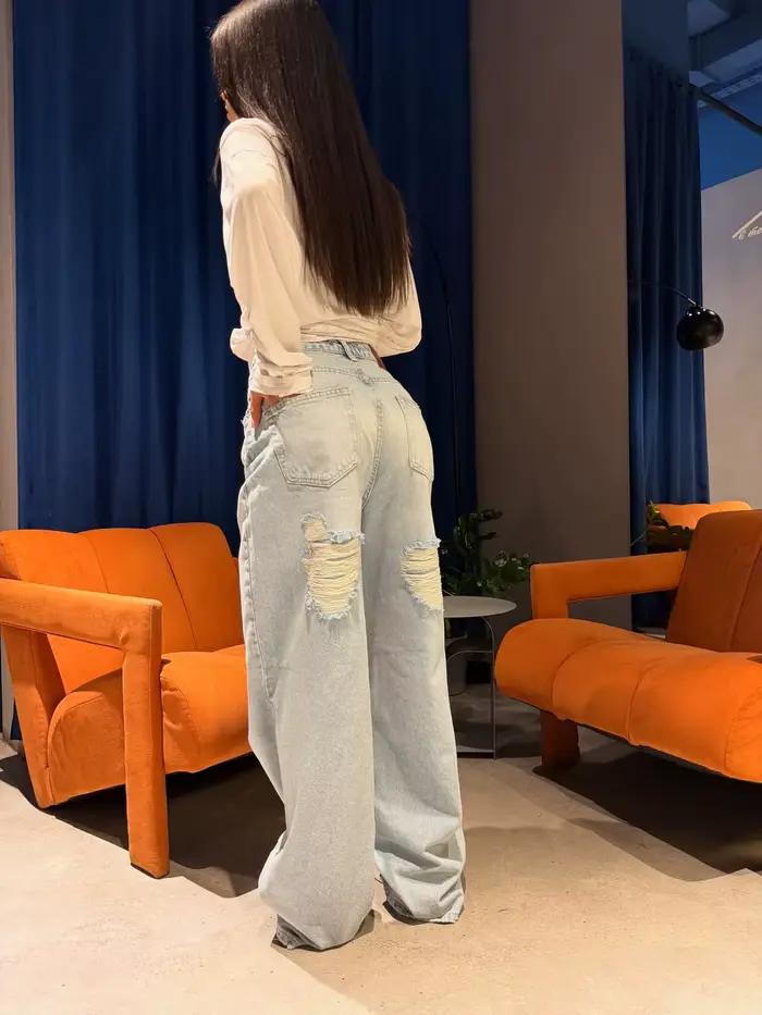 Nouveau jean déchiré bleu clair uni à motif