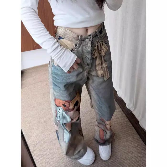Jean large rétro imprimé ours américain pour femme